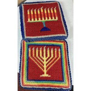 Menorah Hanukkah Needlepoint Coaster Pad for Table Rainbow Vintage